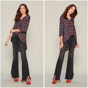 Free People All About the Feels Plaid Button Down Shirt Women Sz L Teal Burgundy